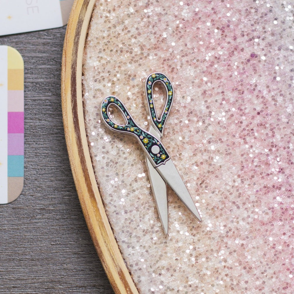 Unique Interactive Scissors Enamel Pin Black Floral Design | The Gray Muse