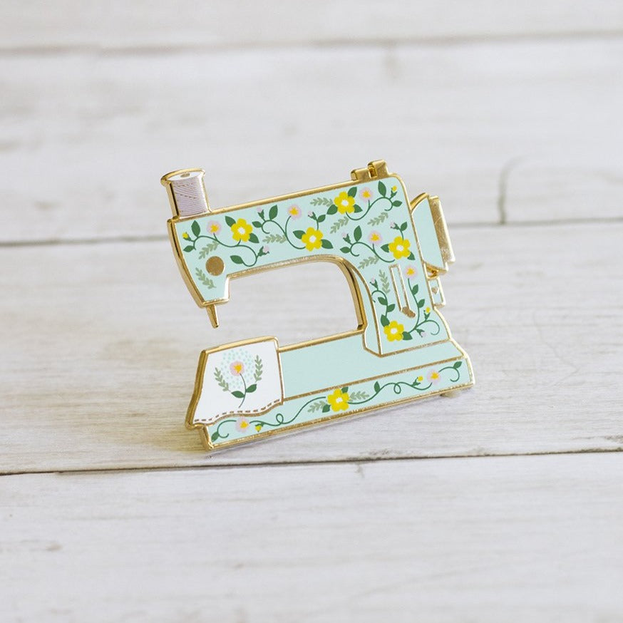 Sewing Machine Interactive Enamel Pin Turquoise Floral Design