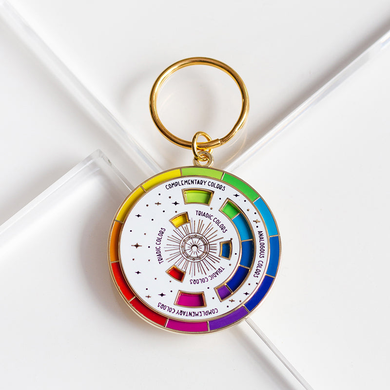The Original Color Wheel© Interactive Spinner Enamel Keychain (White/Gold)