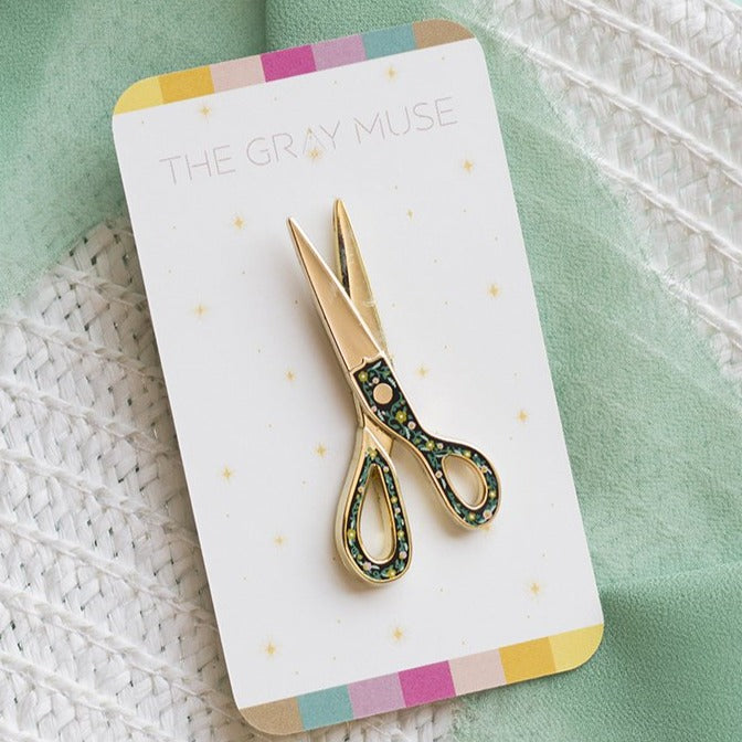 Unique Interactive Scissors Enamel Pin Black Floral Design | The Gray Muse